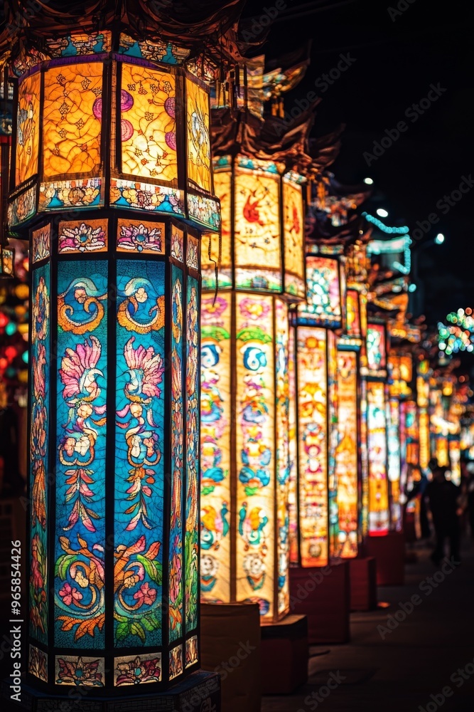vibrant lanterns adorn the streets of taipei, taiwan during the zhongzhi festival, with intricate designs and colors illuminating the night sky vibrant lanterns adorn the streets of taipei, taiwan during the zhongzhi festival, with intricate designs and colors illuminating the night sky