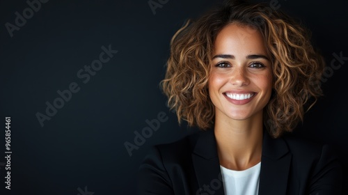 A young woman with curly hair, wearing a black suit, smiles brightly against a dark background, showcasing professionalism, confidence, and approachability in a modern portrait.