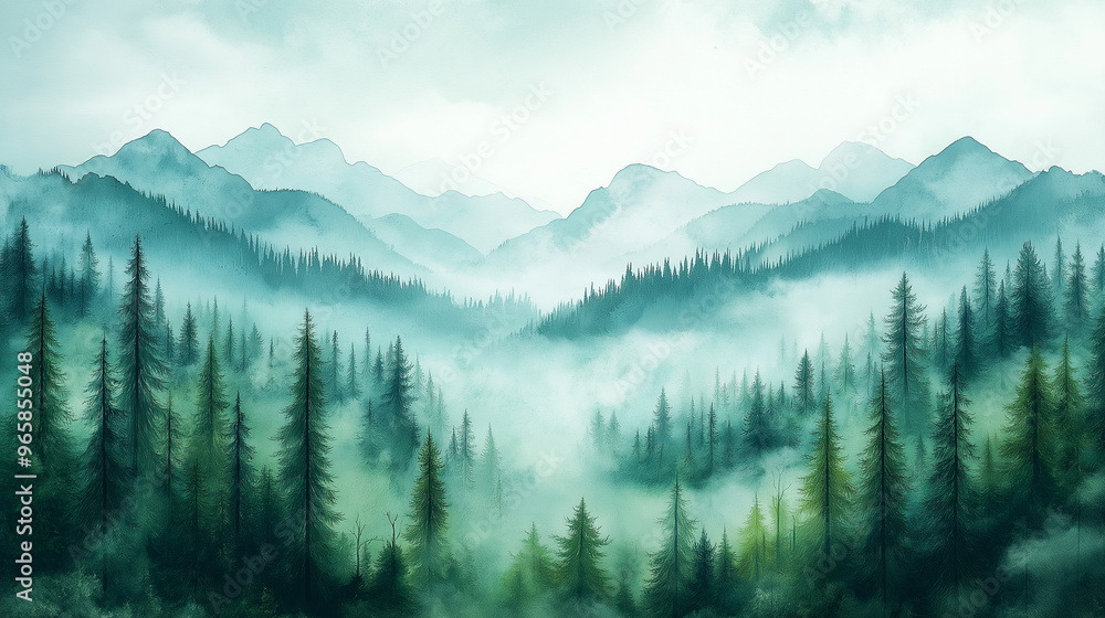 Obraz premium A mountain range covered in trees and fog
