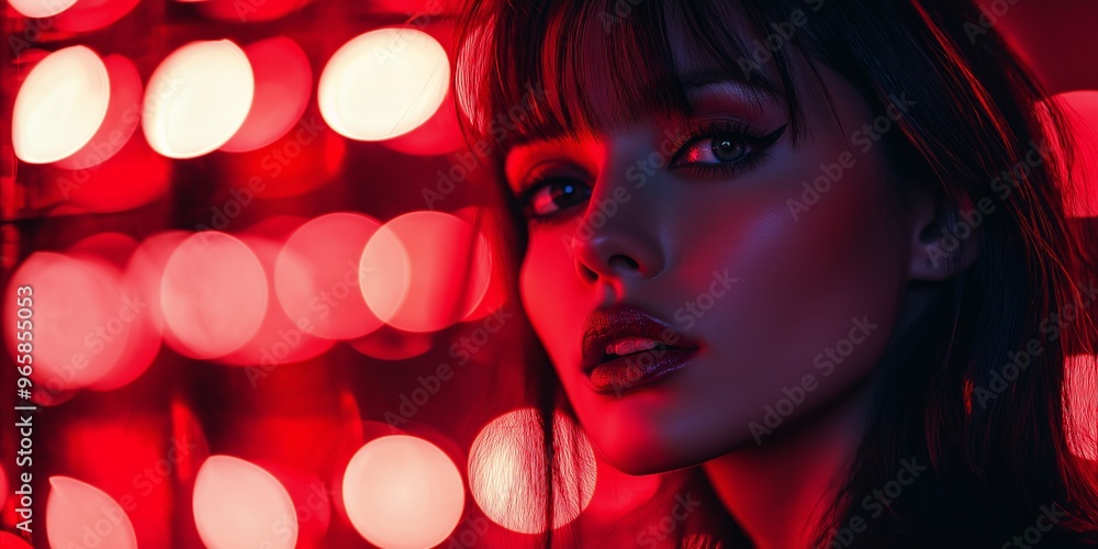 A woman illuminated by red neon lights, with a close-up focus on her face and striking makeup in a dim setting. A woman illuminated by red neon lights, with a close-up focus on her face and striking makeup in a dim setting.