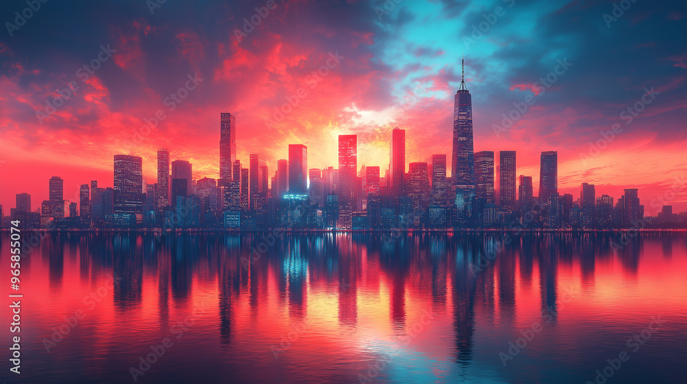 Fototapeta premium A city skyline is reflected in the water, with the sun setting in the background