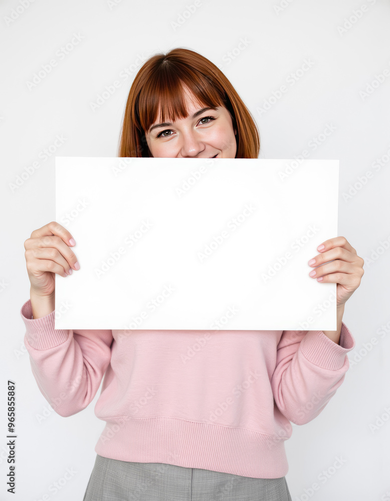 A portrait of a woman with a cheerful expression, holding a blank white placard. A portrait of a woman with a cheerful expression, holding a blank white placard.