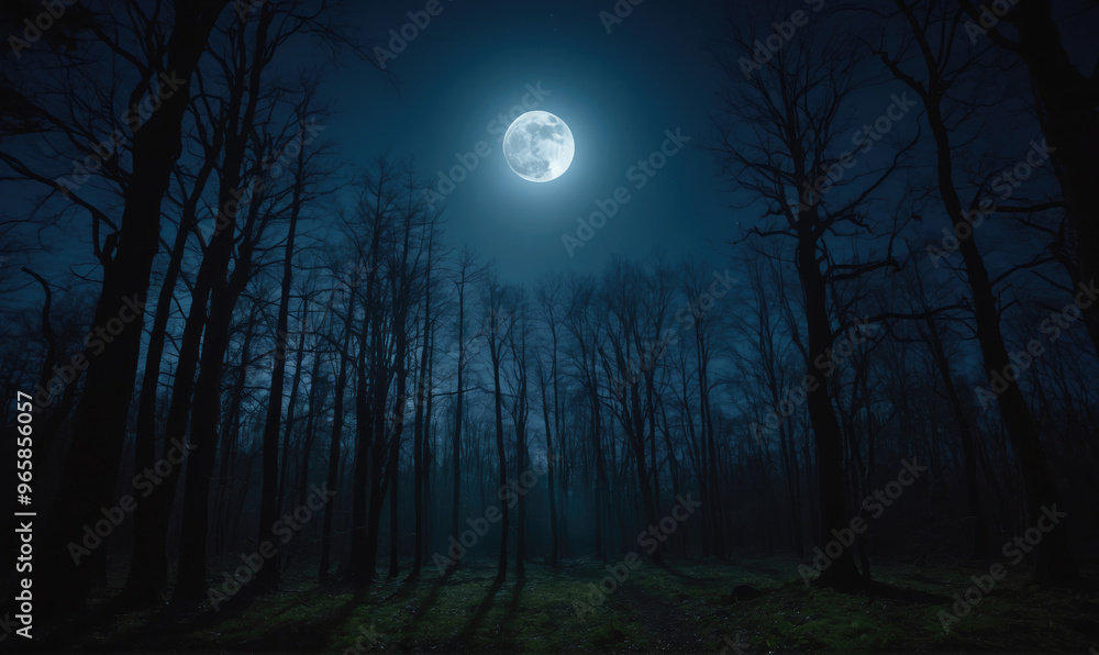 The full moon shines brightly over a dark forest at night The full moon shines brightly over a dark forest at night