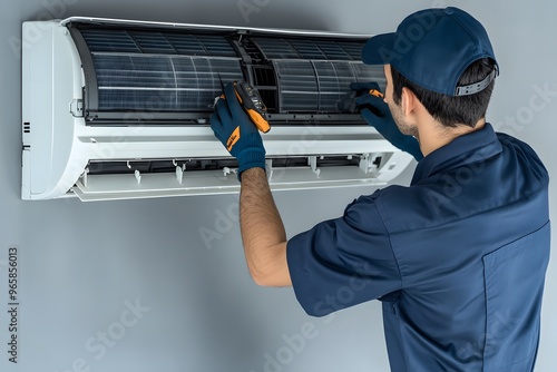 An air conditioning technician is repairing air conditioners in the room