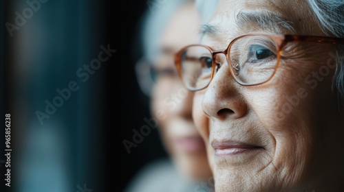 This image features a close-up of a person's face with gray hair and glasses, though the face is blurred, giving it an abstract composition and intriguing visual elements.