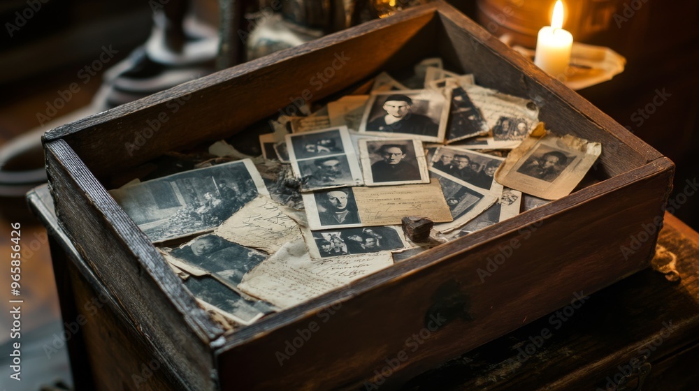 A wooden box filled with old photographs, lit by a candle. A wooden box filled with old photographs, lit by a candle.