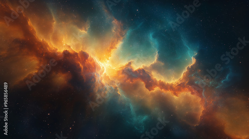 Fototapeta Naklejka Na Ścianę i Meble -  A colorful space scene with a large orange cloud in the middle