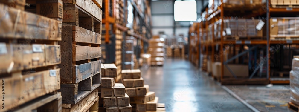 Warehouse storage area with wooden pallets and boxes Warehouse storage area with wooden pallets and boxes