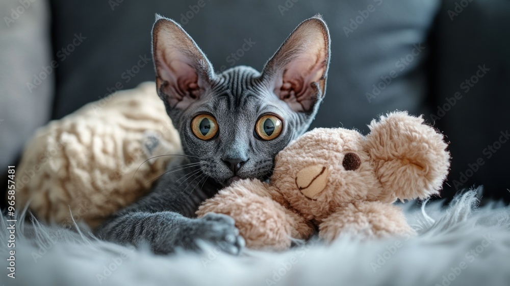 A playful gray kitten cuddles a soft teddy bear on a cozy surface. A playful gray kitten cuddles a soft teddy bear on a cozy surface.