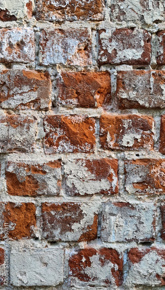 Ancient ruined brick wall with paint residue. Brick weathering. Selective focus Ancient ruined brick wall with paint residue. Brick weathering. Selective focus