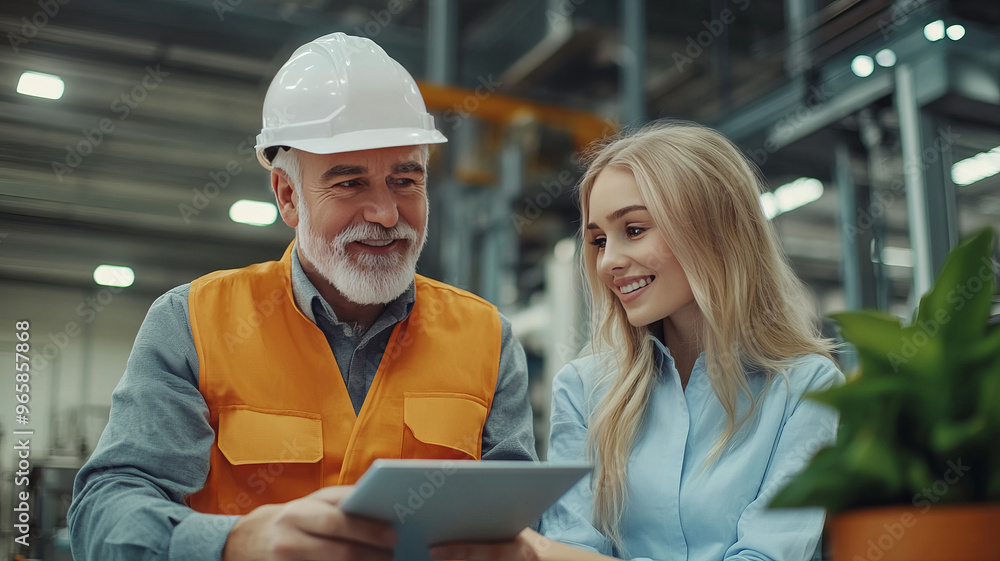 A bearded worker and a young professional smile, discussing plans on a tablet. A bearded worker and a young professional smile, discussing plans on a tablet.