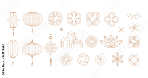 Chinese New Year icons, symbols and decorations. Abstract linear design, illustrations. Line art lanterns, flowers, clouds and frames. Collection of modern minimalist illustrations