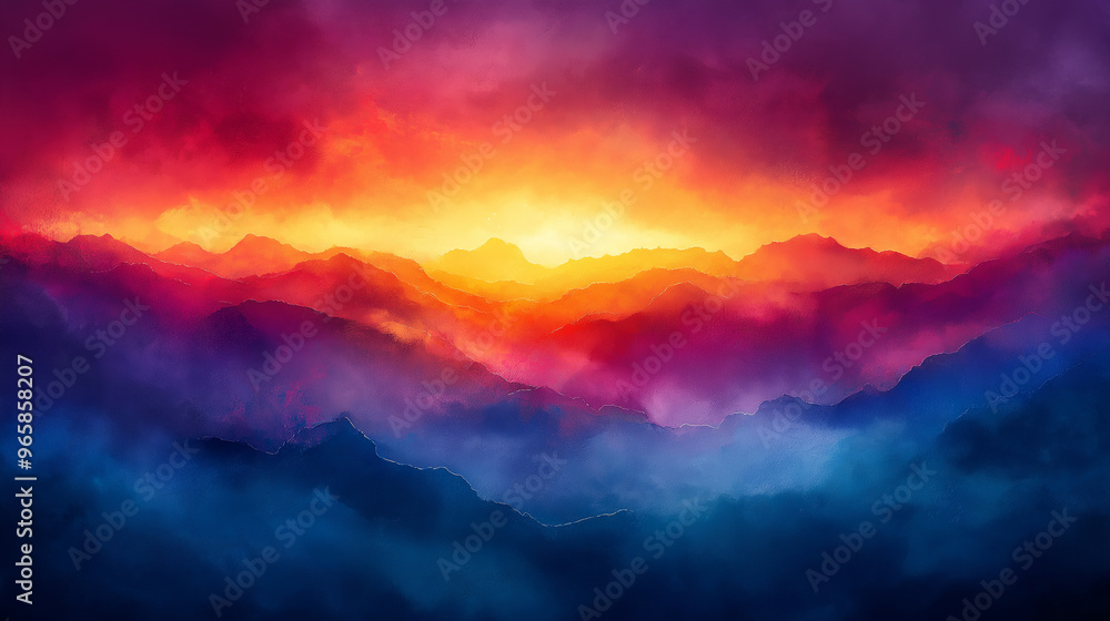 A painting of a mountain range with a bright orange sun in the sky A painting of a mountain range with a bright orange sun in the sky