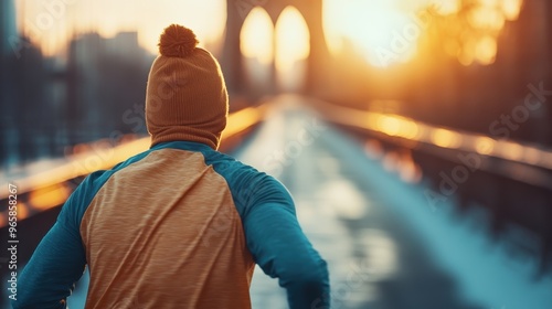 The image shows a runner on a bridge during sunrise, dressed in winter gear. The morning colors and ethereal light reflect the energy and determination of an active lifestyle. photo