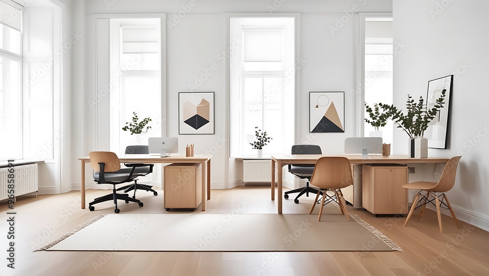 Fototapeta premium Discover the serene elegance of Scandinavian design with this modern office space, perfectly blending functionality and style.
