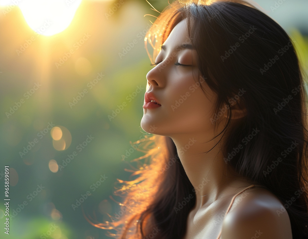 beautiful woman is breathing the morning air against the backdrop of sunlight and leaves beautiful woman is breathing the morning air against the backdrop of sunlight and leaves