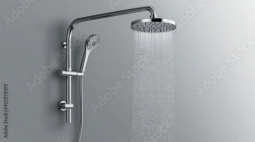 Metal shower head and tap with falling water isolated on transparent background. Vector realistic set of chrome sprinkler with hose and faucet with water spray. Equipment for douche and bath