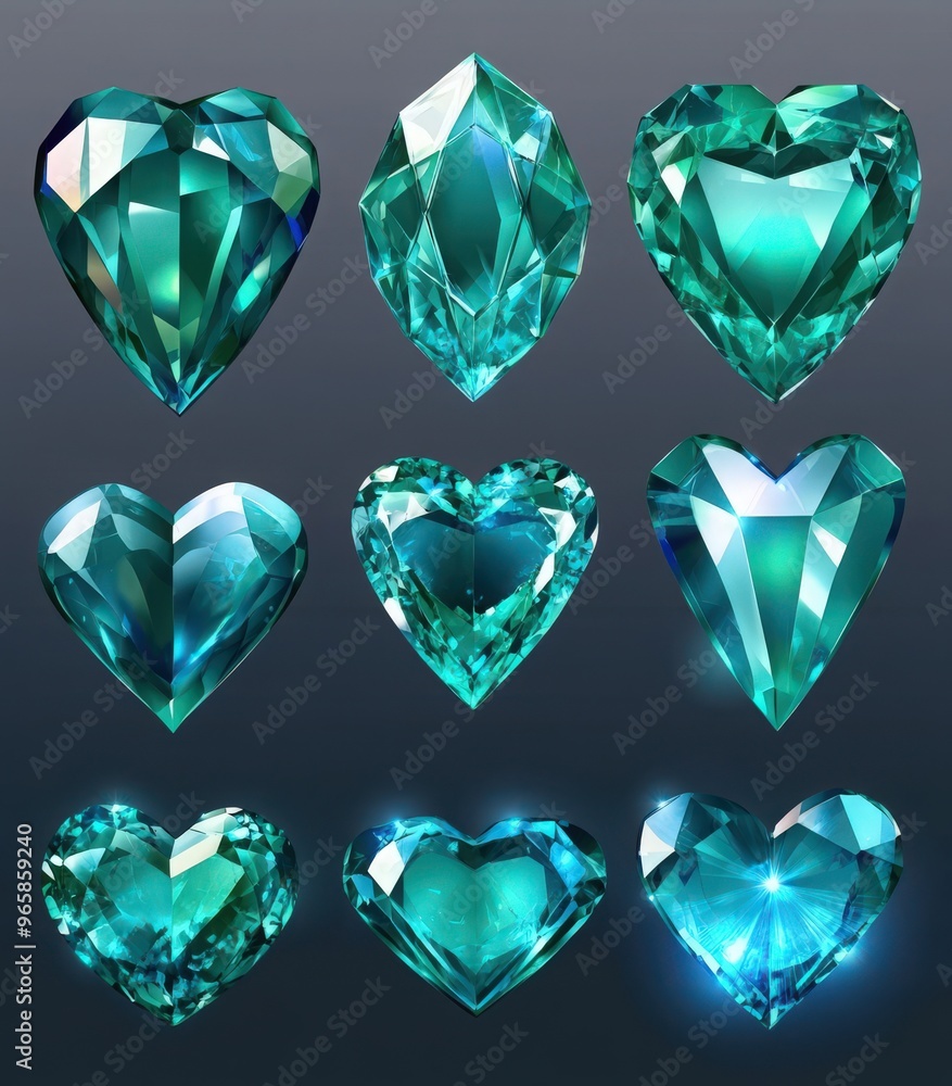 Fototapeta premium Precious emerald stones, shiny blue glass crystals isolated on transparent background. Vector realistic set of glow gemstone in shape of heart and crystal gems with magic light