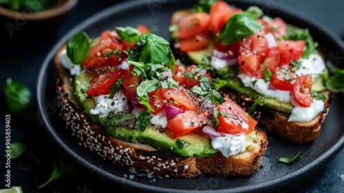 An inviting image of avocado toast topped with diced tomatoes, cheese, and fresh herbs, beautifully presented on a dark plate, making for a delicious and healthy meal option.