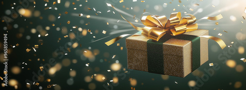 Gift boxes on dark green background. Gold gift boxes with gold ribbon, banner. AI generation.
