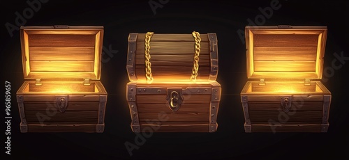 Fototapeta Naklejka Na Ścianę i Meble -  Wooden chest with open and closed lid. Pirate treasure box with magic glow inside. Vector realistic set of old wood trunk with golden fetter. 3d empty vintage coffer isolated on dark background