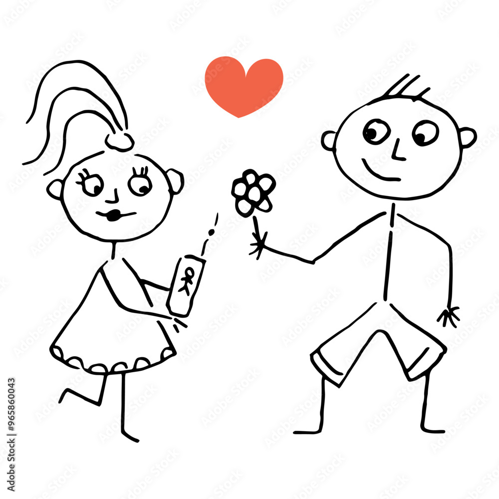 Boy and girl friendship on valentine's day. Hand drawing happy cute girl with phone and boy with flower. Imitation of children's drawing. Vector isolated illustration for postcard. Boy and girl friendship on valentine's day. Hand drawing happy cute girl with phone and boy with flower. Imitation of children's drawing. Vector isolated illustration for postcard.