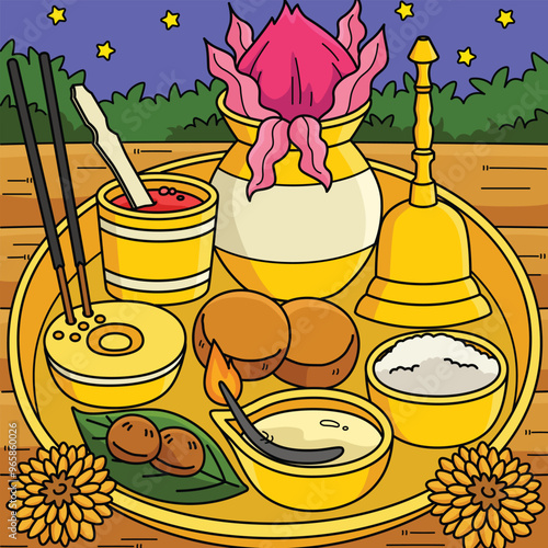 Diwali Puja Thali Colored Cartoon Illustration