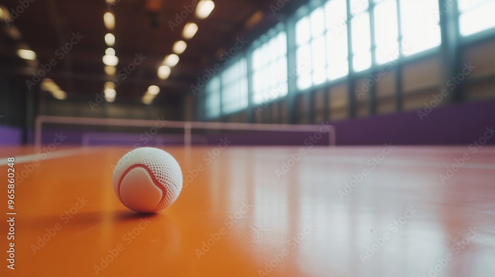 A close-up view of a rubber ball on an orange gym floor in a spacious indoor sports facility during a practice session A close-up view of a rubber ball on an orange gym floor in a spacious indoor sports facility during a practice session
