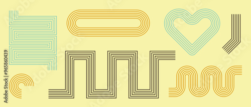 Line geometric arch and circle abstract shapes, retro elements for web, vintage. Brutalist, Contemporary mid century line design. Trendy vector geometric shapes collection.