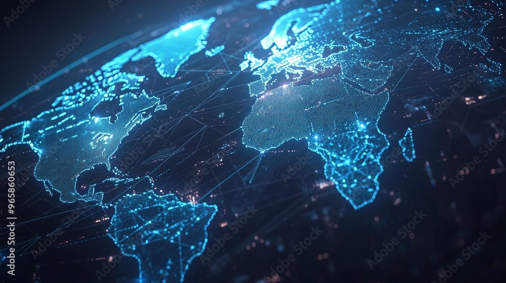 Digital world map with glowing data points Digital world map with glowing data points