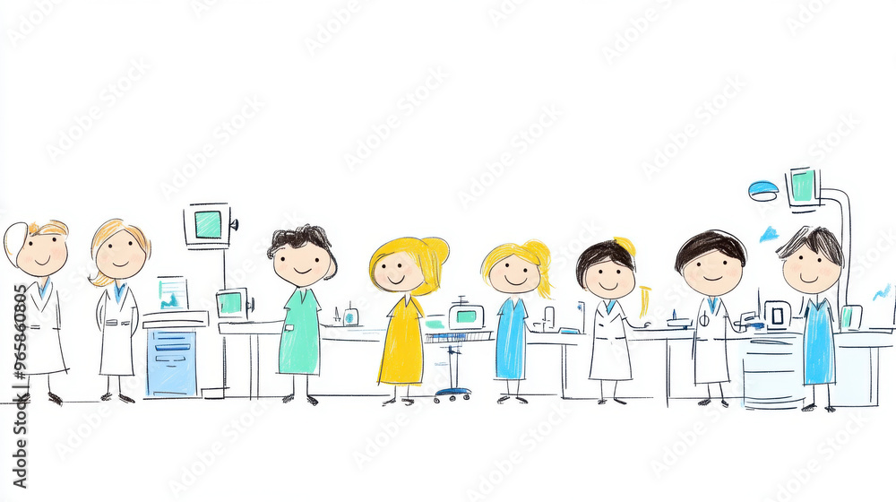 Illustration of cartoon scientists in a laboratory setting, smiling and working together with various equipment and tools. Illustration of cartoon scientists in a laboratory setting, smiling and working together with various equipment and tools.