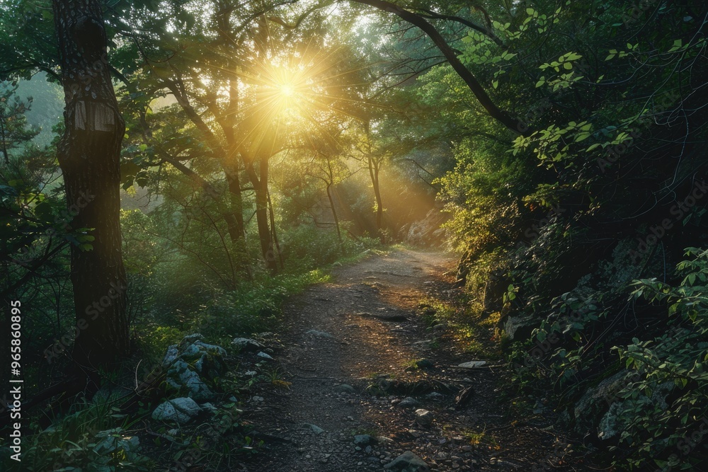 Obraz premium Sunlit Forest Path - Serene Morning Walk, Nature, Peaceful, Woodland Trail, Sunlight through Trees