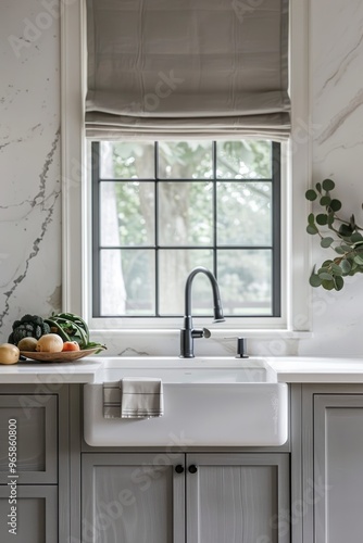 Photo of modern minimalistic kitchen with sink and window
