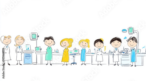 Illustration of cartoon scientists in a laboratory setting, smiling and working together with various equipment and tools.