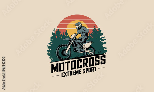 Motocross rider on a bike with sunset and forest background.
