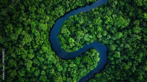 An aerial perspective shows a winding river snaking through a vibrant green forest, embodying the dynamic interplay between water and earth in a pristine ecosystem.