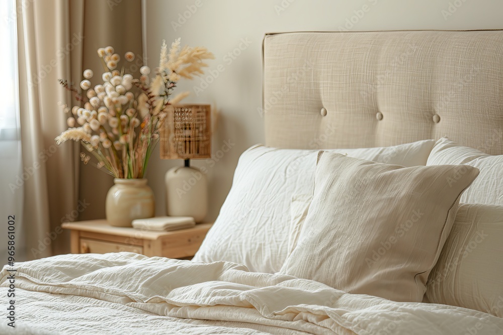 Modern house interior of a simple cozy beige bedroom Modern house interior of a simple cozy beige bedroom