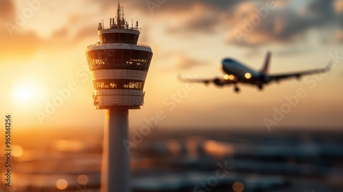 An airplane approaches for landing near an airport control tower with the soft glow of sunset lighting up the sky, creating a serene and captivating aerial scene.