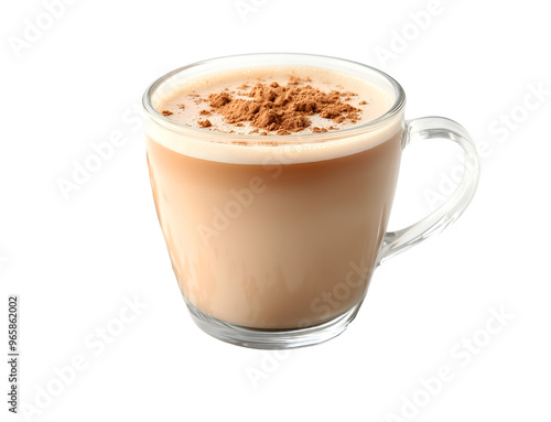 Cup of masala chai topped with ginger powder on transparent background for promoting cafes, menus, or recipe blogs, drink advertisements, or social media content. Masala, tea with milk and spices