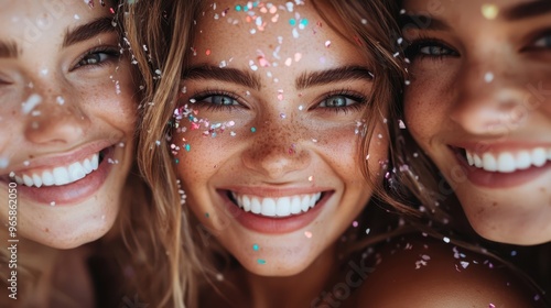 Three happy young women celebrate together, their faces adorned with colorful confetti, representing joy and friendship in a lively and festive atmosphere, all smiling brightly.