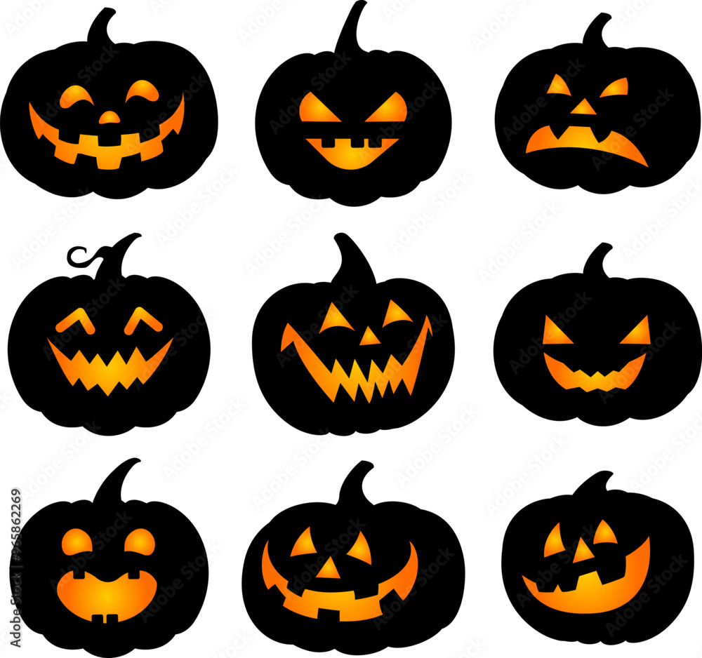 Halloween pumpkin icon set. Spooky jack o lantern faces, scary expressions. Halloween pumpkin icon set. Spooky jack o lantern faces, scary expressions.