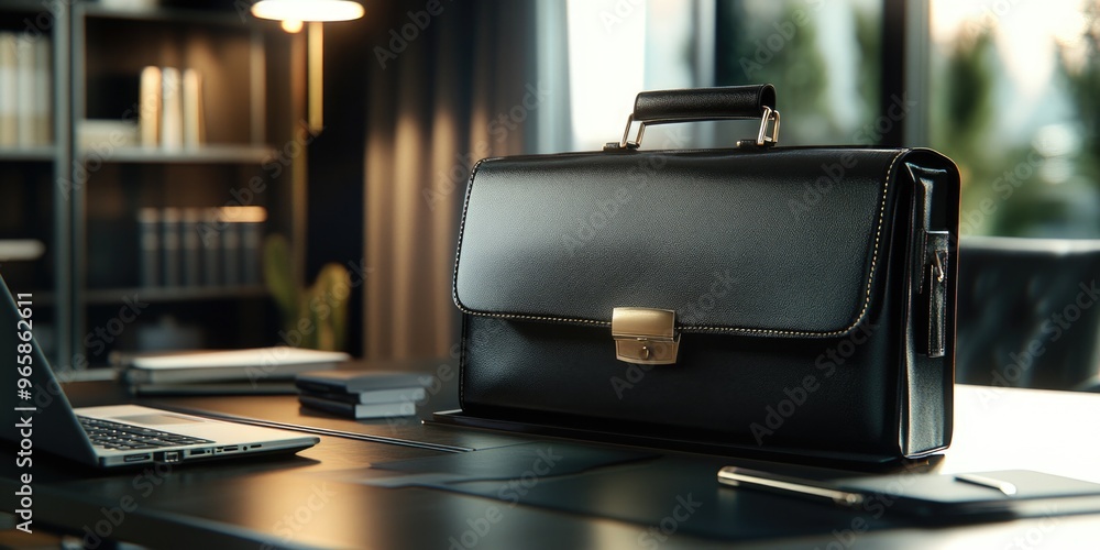 Professional Leather Briefcase with Gold Hardware on Desk in Office Professional Leather Briefcase with Gold Hardware on Desk in Office
