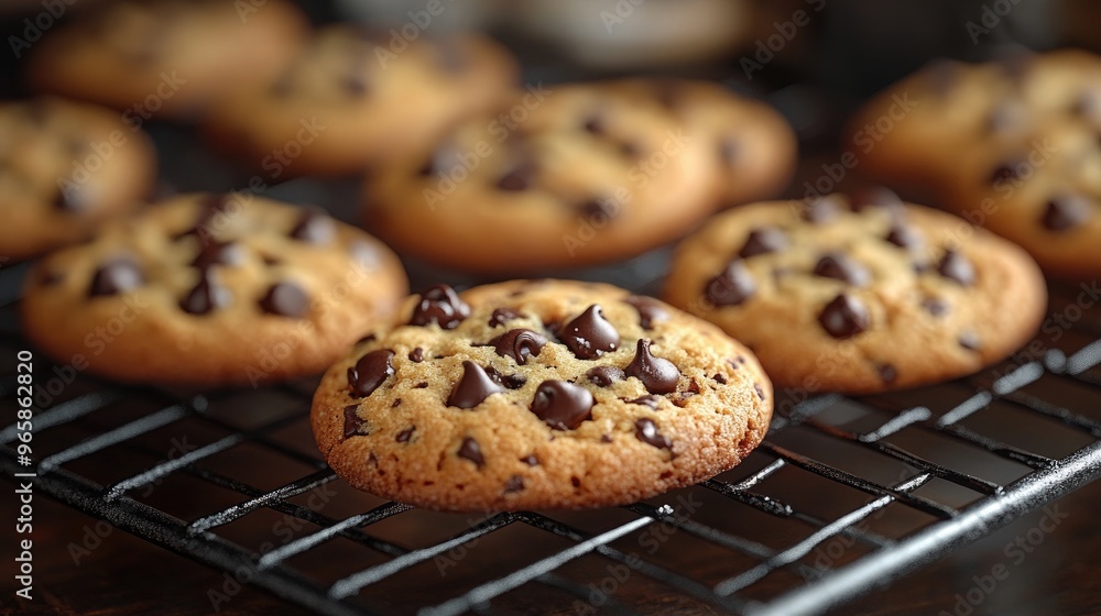 A Close-Up View of Freshly Baked Chocolate Chip Cookies Cooling on a Rack Ideal for Baking Enthusiasts and Recipe Creators A Close-Up View of Freshly Baked Chocolate Chip Cookies Cooling on a Rack Ideal for Baking Enthusiasts and Recipe Creators