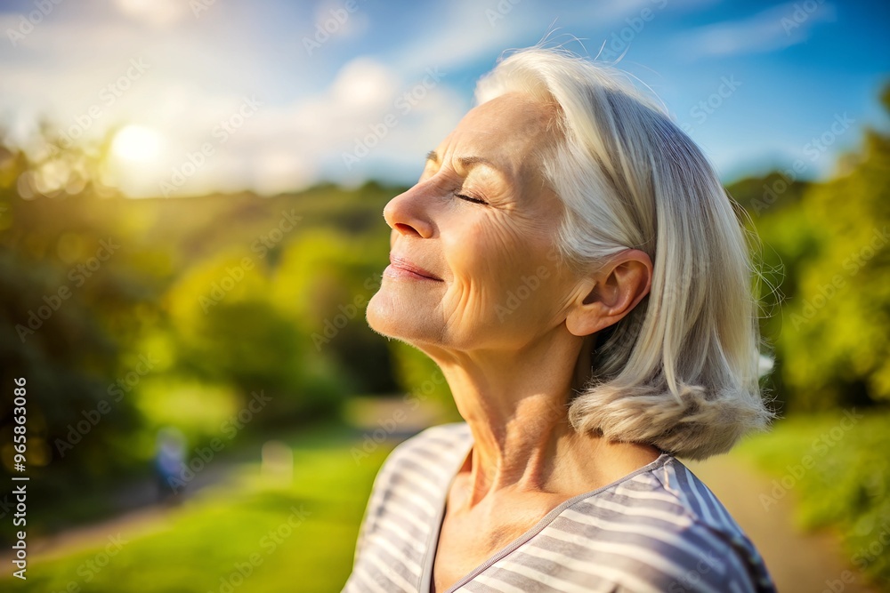 senior woman taking a breath on a sunny day, mental health senior woman taking a breath on a sunny day, mental health