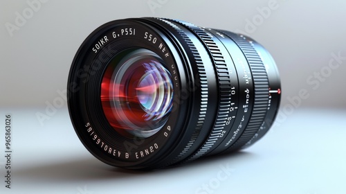 Elegant portrayal of a camera lens on a white backdrop, highlighting its precision optics and modern aesthetic for photography enthusiasts. Camera equipment concept