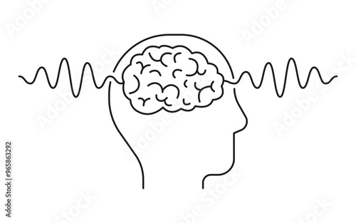 Human brain scan with line wave. Profile head. Pulse wave in study neurology. Brain scan captures neurology insights with wave of impulse, reflecting mind and health status. Vector illustration