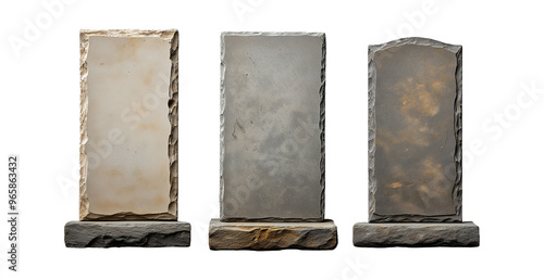 A set of three different rustic tombstones, two in shades of gray and one in beige, isolated on a transparent background.  photo