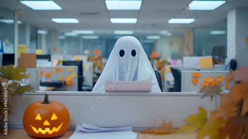 Ghost costumed employee working at their desk surrounded by Halloween in their office cubicle