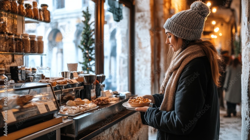 A woman standing in front of a counter filled with pastries A woman standing in front of a counter filled with pastries