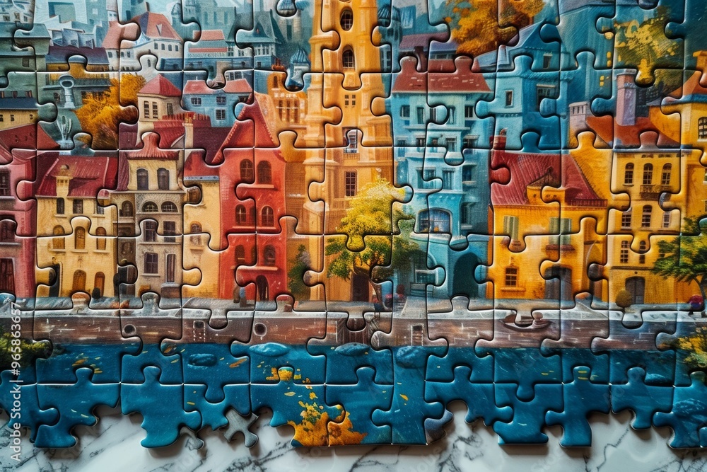 Fototapeta premium Overhead shot of puzzle on white surface, featuring pieces arranged to form vibrant cityscape under bright blue sky. Urban landscape concept